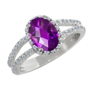 1.48 Ct Oval Checkerboard Purple Amethyst White Diamond 14K White Gold Ring: Jewelry