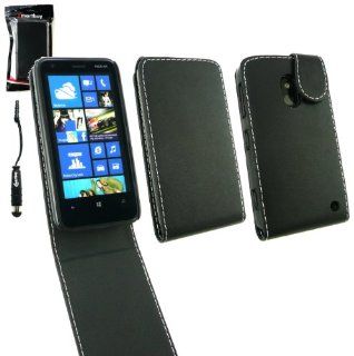 Emartbuy Stylus Pack For Nokia Lumia 620 Premium PU Leather Flip Case/Cover/Pouch Black + Metallic Mini Black Stylus + LCD Screen Protector Cell Phones & Accessories