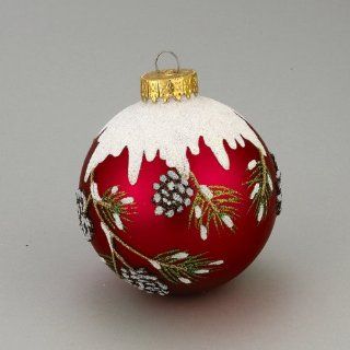 Pack of 18 Red Glass Ball with Snowy Pine Cone Design Christmas Ornaments 3.25"  