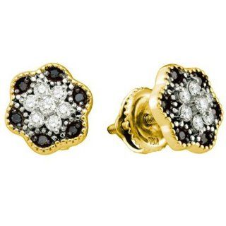 0.29 Carat (ctw) 10k Yellow Gold Black & White Diamond Ladies Cluster Fine Earrings: Stud Earrings: Jewelry