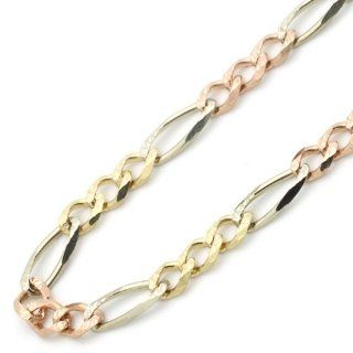14K Tri Color Gold 4mm Larga Figaro Chain Necklace 24" with Lobster Claw: Jewelry