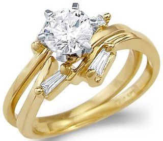 Solid 14k Yellow Gold Engagement Wedding Set CZ Cubic Zirconia Two Rings New Round Cut 1.0 ct: Jewelry