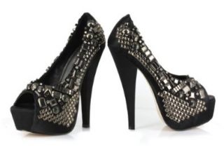 ELLIE 653 BAILEY 6" Metal And Studded Peep Toe Pump Women's Sandal Pumps Shoes Shoes