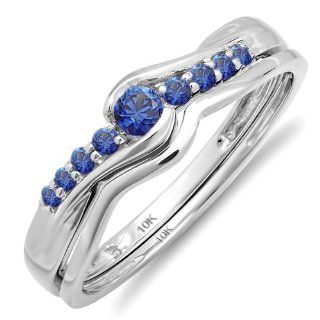 0.25 Carat (ctw) 10k White Gold Round Blue Sapphire Ladies Bridal Promise Engagement Wedding Set Ring with Matching Band 1/4 CT Jewelry