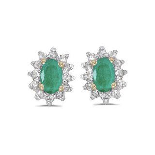 14k Yellow Gold Oval Emerald And Diamond Earrings: Stud Earrings: Jewelry