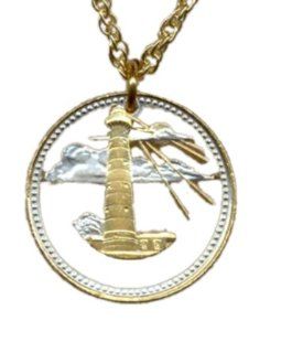 Stunning World 2 toned Nautical Gold and Sterling Silver Cut Coin Necklace Pendant Women's Men's Jewelry   Barbados 5 cent "Light house" (a little smaller than a U.S. nickel): Jewelry
