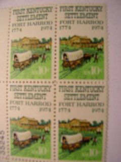 US Postage Stamps, 1974, Fort Harrod, First Kentucky Settlement, S# 1542, Plate Block of 4 10 Cent Stamps 