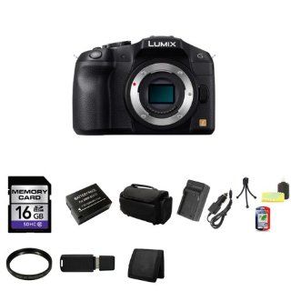 Panasonic Lumix G Series DMC G6 Compact System Digital Camera Body Only (Black) + 16GB SDHC Class 10 Memory Card + Compact AC/DC Charger for DMW BLC12 Battery + 46mm UV Filter + DMW BLC12 Rechargeable Lithium ion Battery (7.2V, 1200mAh) + Deluxe Soft Large