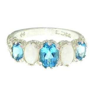 9K White Gold Ladies Blue Topaz & Colorful Fiery Opal Ring   Finger Sizes 5 to 12 Available: Right Hand Rings: Jewelry