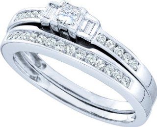 10K White Gold 0.45CT Princess, Baguette & Round Cut Diamond Bridal Set Ring: Wedding Ring Sets: Jewelry