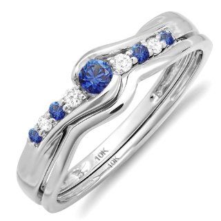 0.25 Carat (ctw) 10k White Gold Round Blue Sapphire And White Diamond Ladies Bridal Promise Engagement Wedding Set Ring with Matching Band 1/4 CT Jewelry