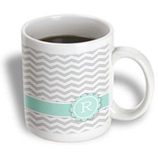 3dRose Letter R Monogrammed on Grey and White Chevron with Mint Gray Zigzags, Ceramic Mug, 11 Oz: Kitchen & Dining