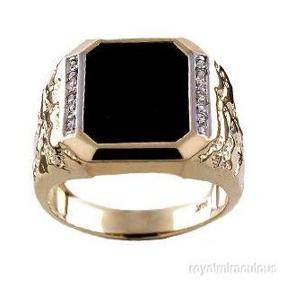 Mens Ring Diamond Onyx 14K Yellow or White Gold Nugget: Jewelry