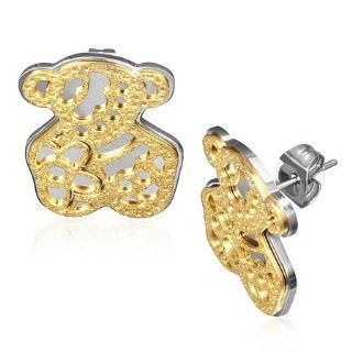 Stainless Steel 2 tone Cut out Sandblasted Flower Teddy Bear Stud Earrings: Jewelry