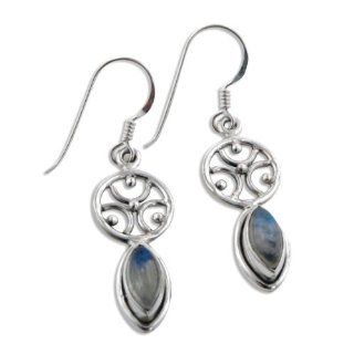 Greek Omega Symbol and Marquise Rainbow Moonstone Sterling Silver Earrings Jewelry