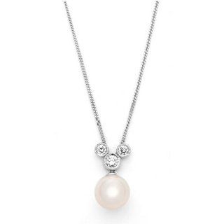 18k White Gold Cultured Akoya Pearl and Three Stone Diamond Pendant with Chain (0.20 cttw, H, SI): Jewelry