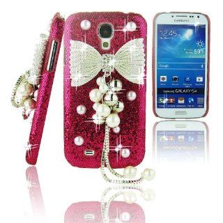 FiMeney Silvery Luxury Handmade Crystal Diamond Rhinestones Pearl Bow Bowknot Pendant Rose Red Glitter Back Hard Case Cover Shell For Samsung Galaxy S4 S IV GS4 4 I9500+ Cleaning Cloth + 2013 Calendar Card: Cell Phones & Accessories