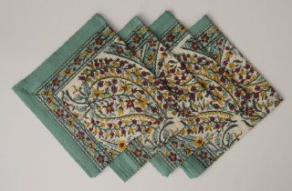Hand Block Printed Napkins Set of 4 Turquoise Paisley 18 inch x 18 inch   Cloth Napkins