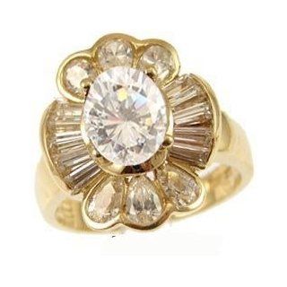 14k Yellow Gold, Fancy Estate Style Engagement Ring with Lab Created Brilliant Oval Shape Stone: Jewelry