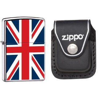 Zippo 7961 Classic High Polish Chrome United Kingdom Flag Windproof Lighter with Zippo Black Leather Clip Pouch: Watches