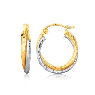 14K Two Tone Gold Interlaced Hoop Earrings with Hammered Texture: Jewelry