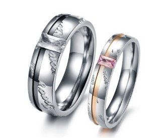 Athena Jewelry Titanium Series His & Hers Matching Set 6MM / 4MM Laser Engraved Titanium Couple Wedding Band Set Ring with Cubic Zirconia Stone(Size Selectable): Jewelry