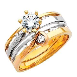 14K 3 Tri color Gold High Polish Finish Round cut Top Quality Shines CZ Cubic Ziconia Solitaire Ladies Engagement Ring and Wedding Band 2 Two Piece Set The World Jewelry Center Jewelry