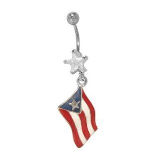 (14 gauge) Belly Button Ring with Dangling Puerto Rican Flag   PUR: Jewelry