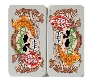 Skull w/ Crown of Thorns and Asian Koi Fish   White Taiga Hinge Wallet Clutch: Clothing