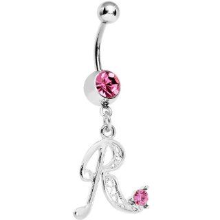 Passion Pink Jeweled Initial Dangle Belly Ring   Letter R: Body Piercing Rings: Jewelry