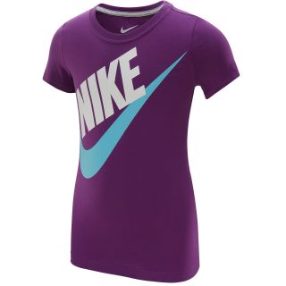 NIKE Girls Glam Pack Futura Logo Short Sleeve T Shirt   Size Small, Grape/grey