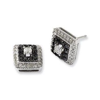White Night Silver and Diamonds Collection   Sterling Silver Black and White Diamond Square Post Earrings in Gift Box: Jewelry