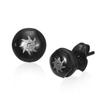 E745 6mm Black Stainless Steel Spiral Sun Emblem Hexagon Stud Earrings: Mission: Jewelry