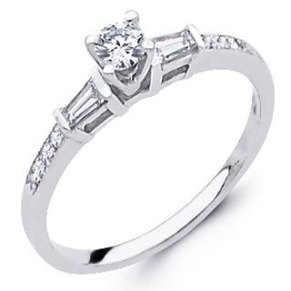 14K White Gold Round cut Diamond with Round & Baguette Side stone Ladies Women Wedding Engagement Ring Band with Side Stones (0.4 CTW., G H Color, SI Clarity): Goldenmine: Jewelry