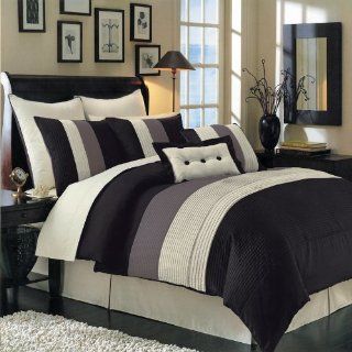 12 PIECES BEDDING SET LUXURY HUDSON COMFORTER SET QUEEN SIZE BLACK, BROWN & IVORY. INCLUDES: 1  COMFORTER, 1  BED SKIRT WITH 15" DROP 2  STANDARD PILLOW SHAMS 2  EURO PILLOW SHAMS. 1  DECORATIVE PILLOW 12" x 18" 1  DECORATIVE PILLOW 18&q