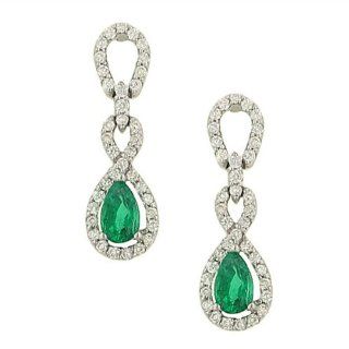 Pear Shaped Green Emerald and Halo Style Pave Diamond Dangle Earrings: Jewelry