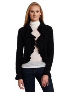 AK Anne Klein Women's Long Sleeve Ruffle Cardigan, Black, Medium Cardigan Sweaters