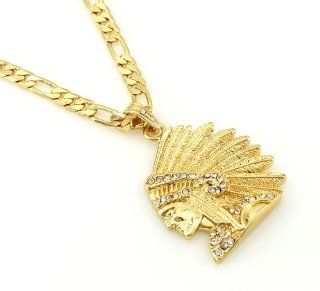 Hip Hop Iced Gold Tone Indian Chief Pendant Necklace Free 24" chain: Everything Else