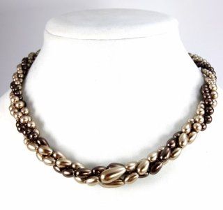 Roman Choker Necklace, Triple Strand Mocha (Brown) Teardrop and Graduated Round Imitation Pearl Twist Necklace: Jewelry
