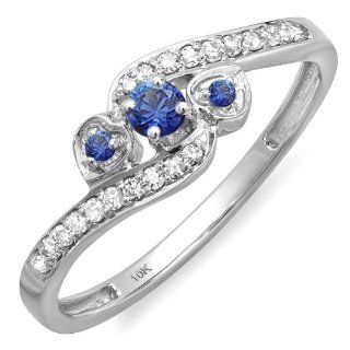 0.25 Carat (ctw) 10k White Gold Round Blue Sapphire And White Diamond Ladies Bridal Promise Heart 3 Stone Swirl Engagement Ring 1/4 CT: Jewelry