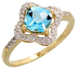 14k Gold Stone Ring, w/ 0.18 Carat Brilliant Cut Diamonds & 0.96 Carat 6mm Cushion Cut Blue Topaz Stone, 7/16" (11mm) wide, size 6.5: Jewelry