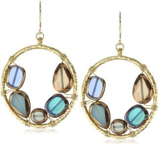 Sparkling Sage Antique Glass Blue Circle Pendant Necklace Gold Tone Earrings, 2": Dangle Earrings: Jewelry