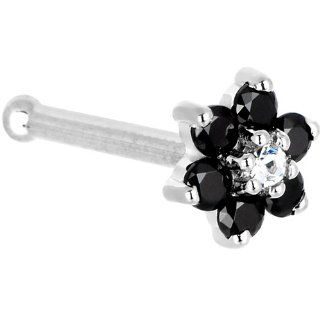 Solid 14KT White Gold Black and Clear Cubic Zirconia Flower Nose Bone   18 Gauge: Jewelry