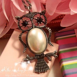 JA154 Big Eye Owl Necklace, Faux Shiny Big Pearl Belly Owl Necklace Pendant Necklaces Jewelry