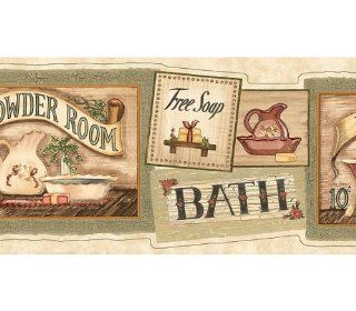 3 Rolls of Vintage Bath Signs Wallpaper Border   Powder Room Claw Foot Tub Bed and Breakfast Bathroom   Wall Borders