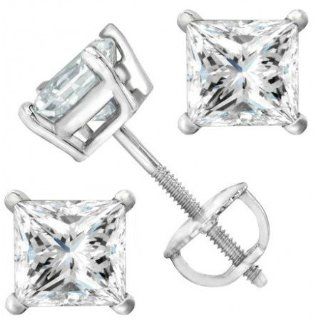1/2 Carat Platinum Solitaire Diamond Stud Earrings Princess Cut 4 Prong Screw Back (J K Color, I2 Clarity): Houston Diamond District: Jewelry