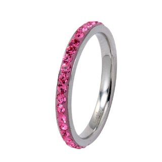 Polished Stainless Steel Wedding Band Ring With Pink Cubic Zirconias in Center Jewelry