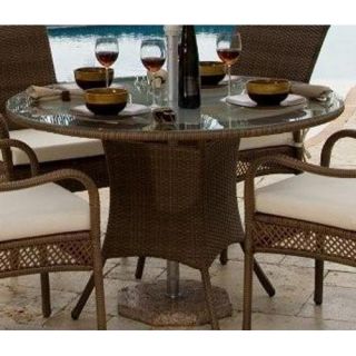Hospitality Rattan Grenada Round 48 in. Patio Dining Table   Antique Brown with Tempered Frosted Glass   Patio Tables