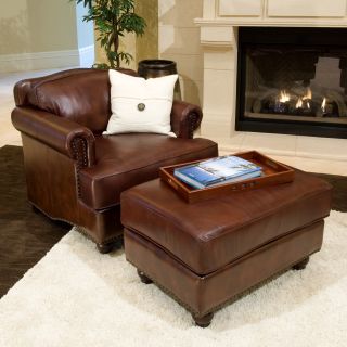 Mansfield 2 Piece Set Top Grain Leather Accent Chair and Ottoman in Raisin   Leather Club Chairs