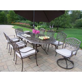 Oakland Living Mississippi Cast Aluminum 82 x 42 in. Oval 9pc Dining Set with Swivels and Cushions plus Tilting Umbrella and Stand   Patio Dining Sets